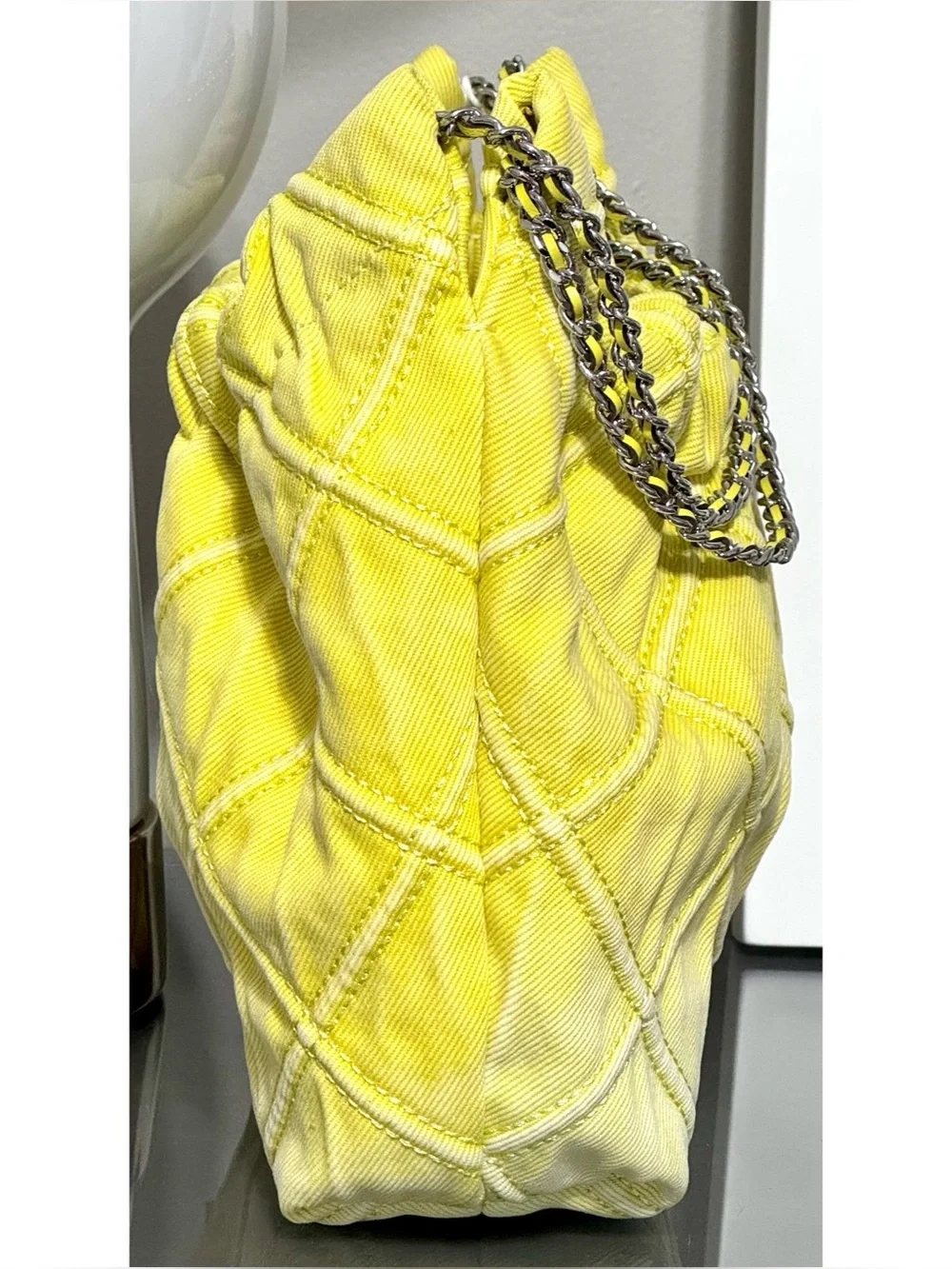 TORY BURCH MINI FLEMING SOFT QUILTED DENIM HOBO BAG, YELLOW